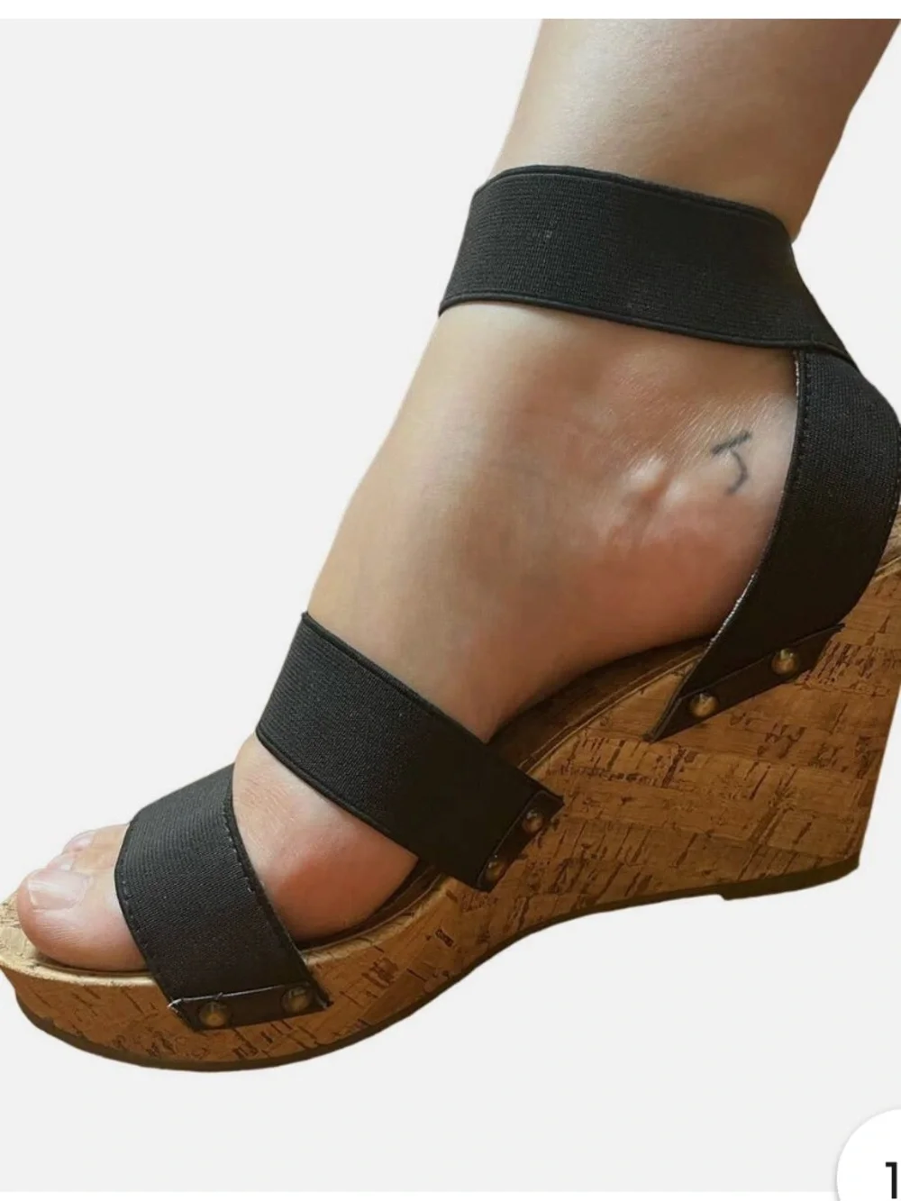 Esprit Black Elastic-Strap Cork Wedge Sandals with Ankle Wrap